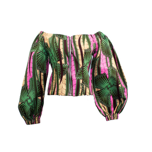 Green and Pink Off-the-shoulder Ankara Top with Puffy Sleeves