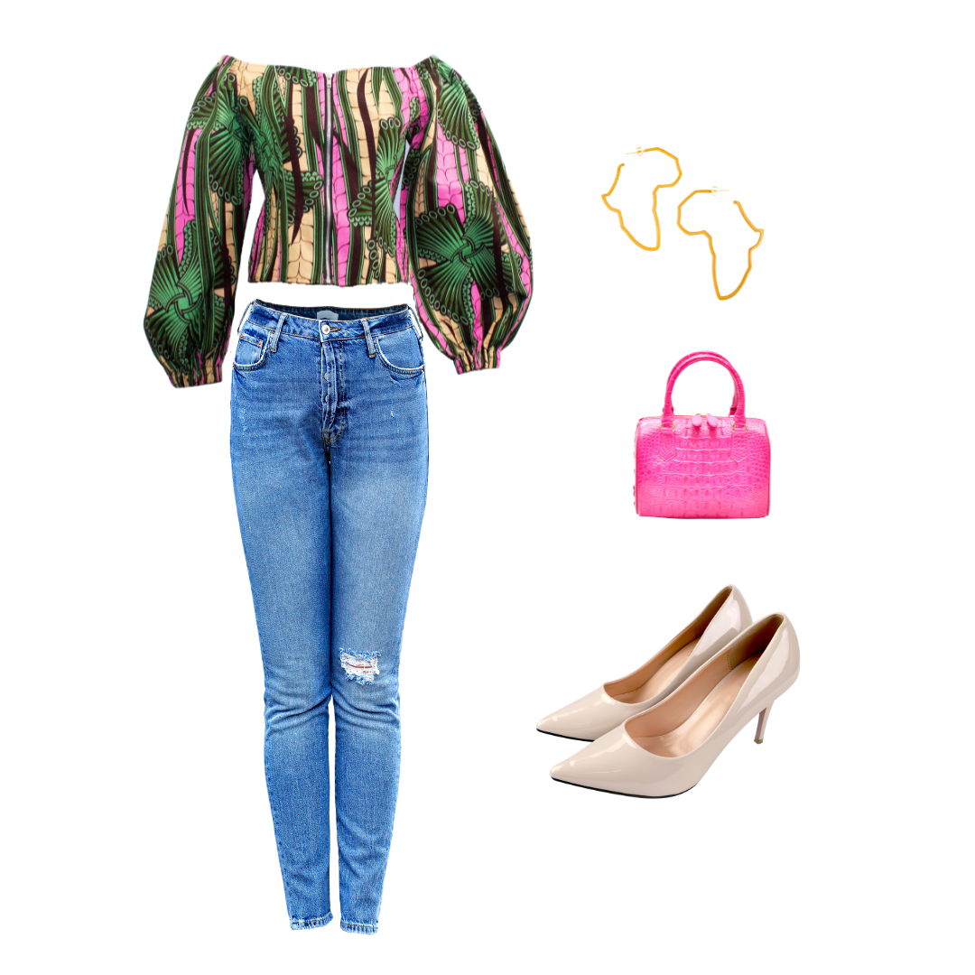 Green and Pink Off-the-shoulder Ankara Top with Puffy Sleeves