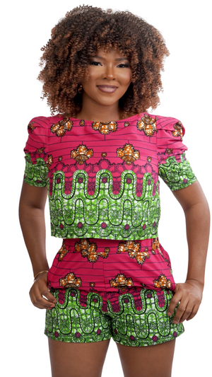 Pink and Green Ankara Crop Top and Short Set