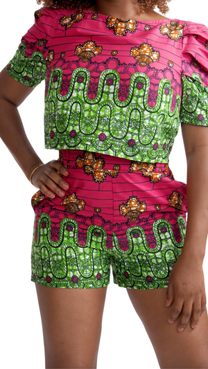 Pink and Green Ankara Crop Top and Short Set