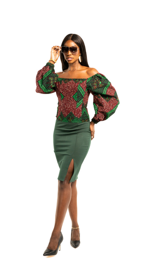 Burgundy and Green Off the Shoulder  Ankara Top