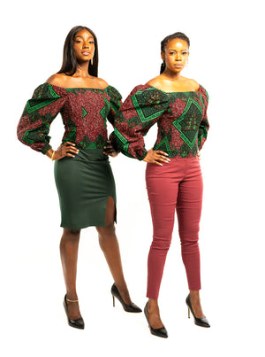 Off the Shoulder Burgundy and Green Ankara Top