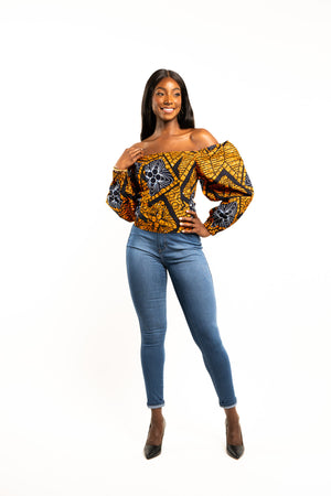 Orange Ankara Off-the-shoulder Puffy Sleeve Top