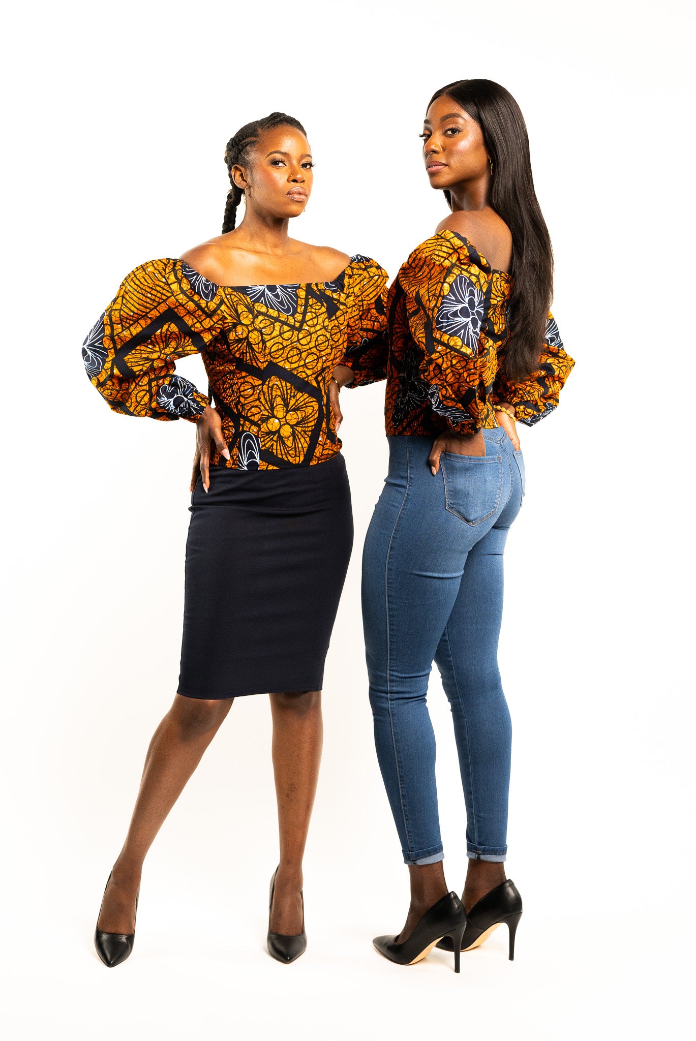 Orange Ankara Off-the-shoulder Puffy Sleeve Top