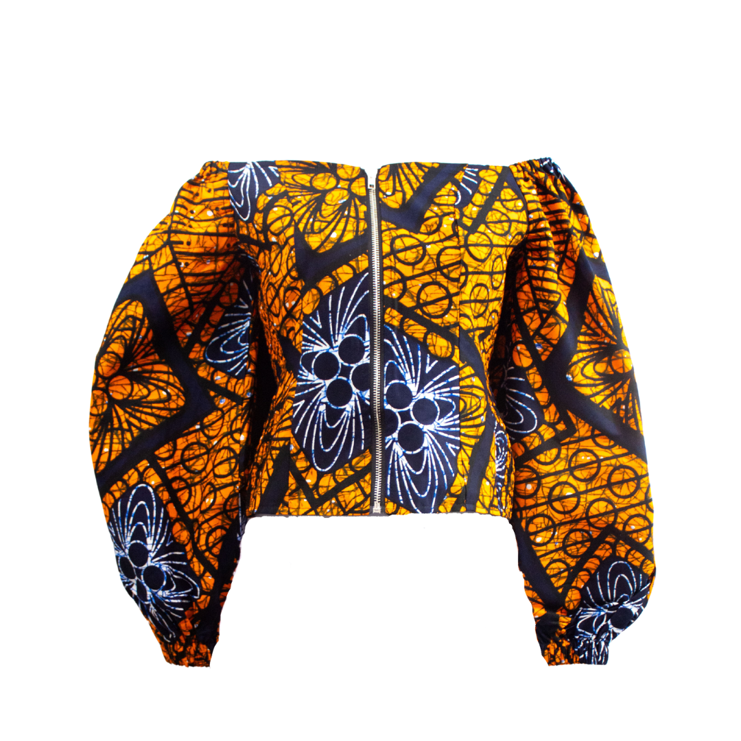 Orange Ankara Off-the-shoulder Puffy Sleeve Top